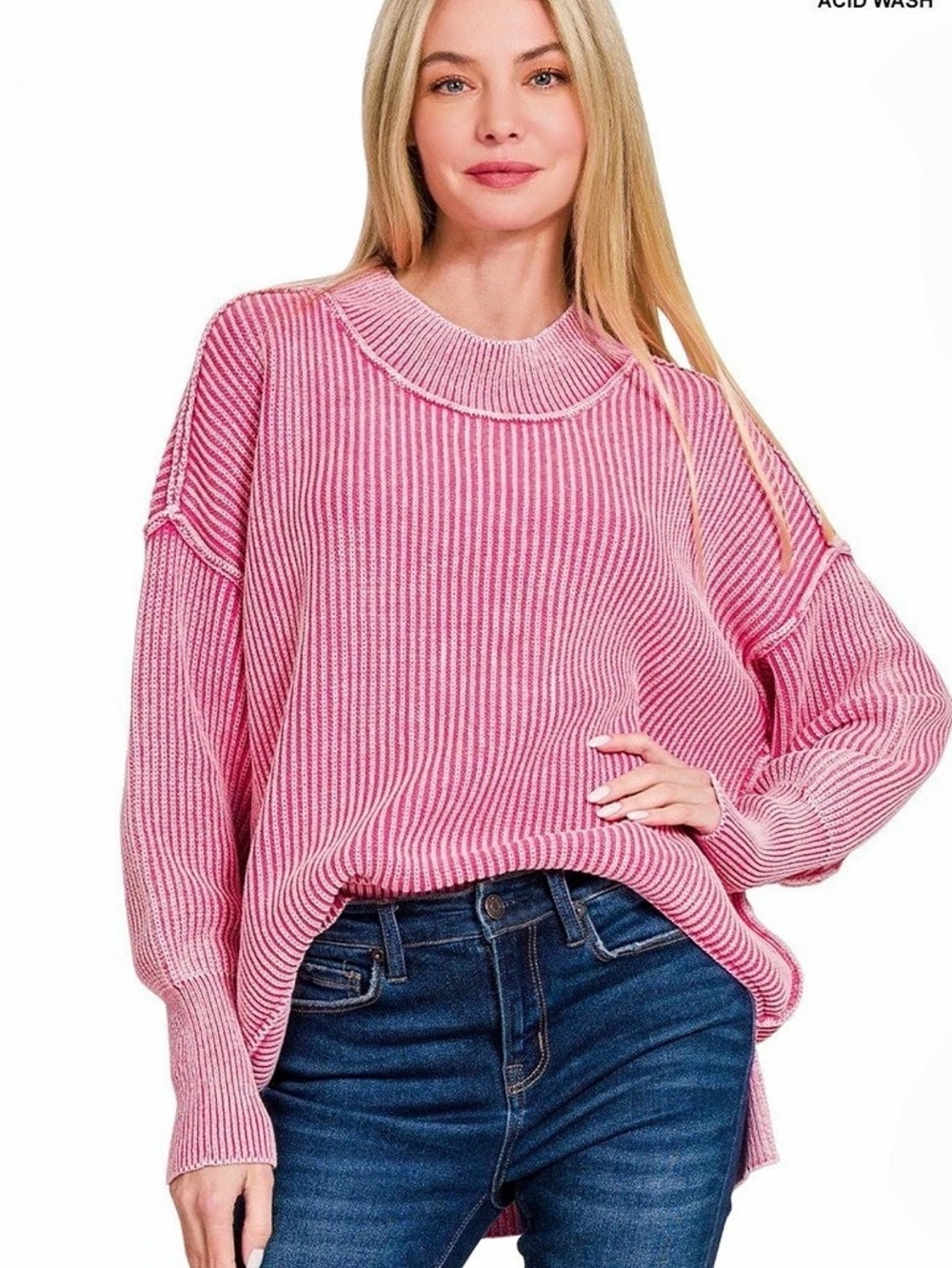 Zenana Acid Washed Double Ribbed Hi-Low Pullover Pink
